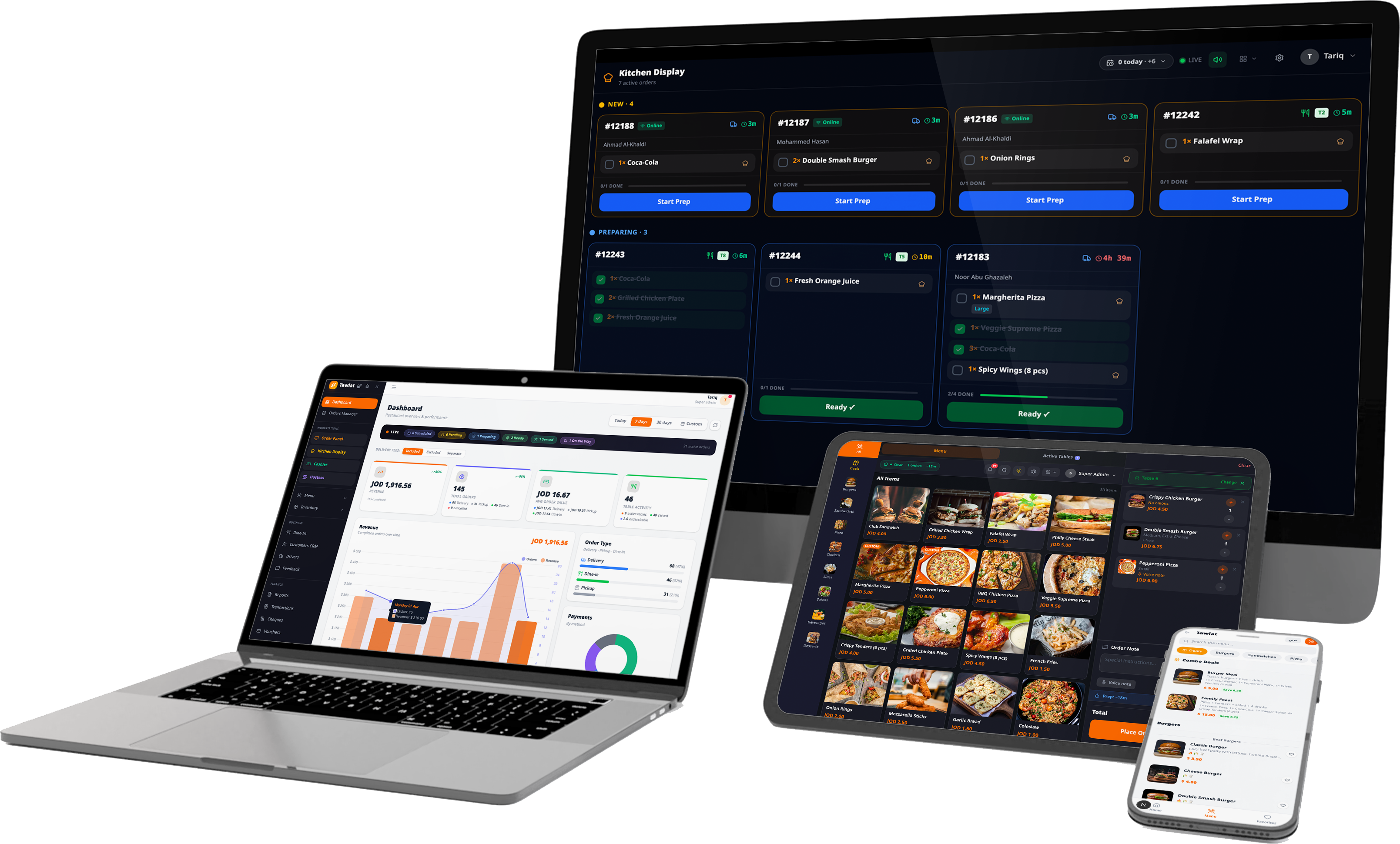 Tawlat running on the kitchen display, the admin dashboard laptop, the menu tablet, and the cashier phone