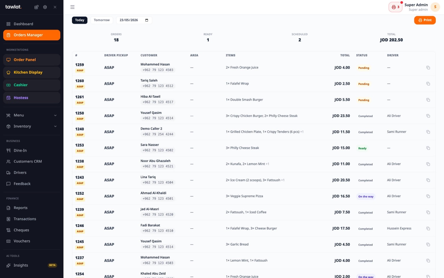 Tawlat dispatch view with live drivers and ETAs in a cloud kitchen