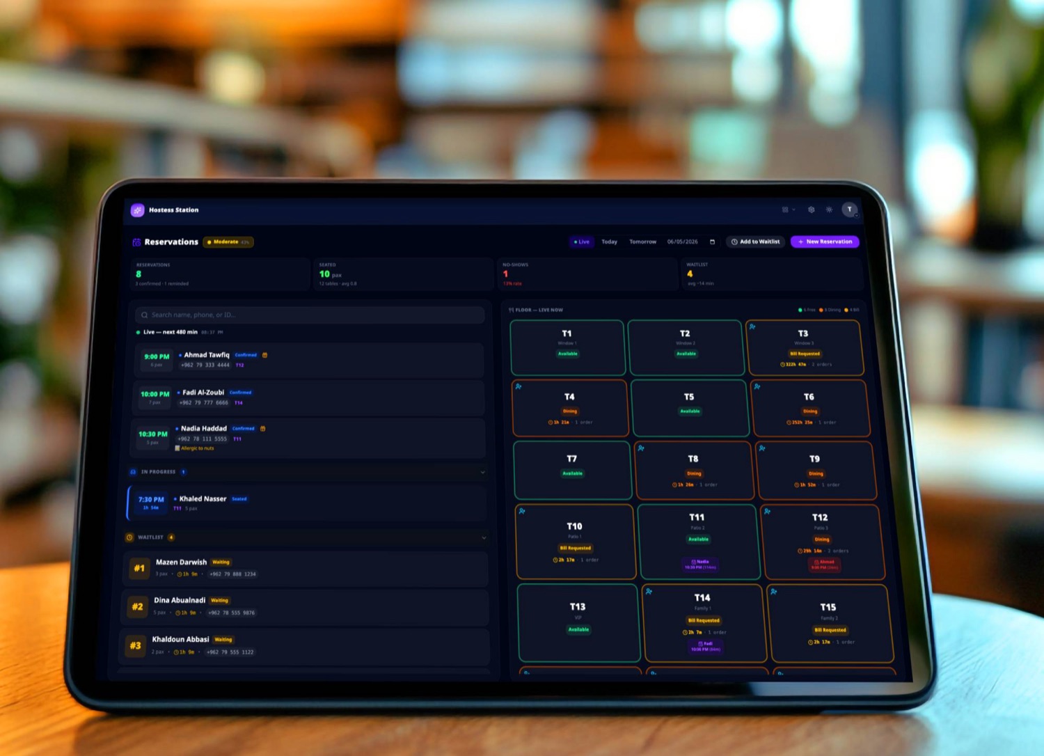 Tawlat hostess screen on the podium iPad